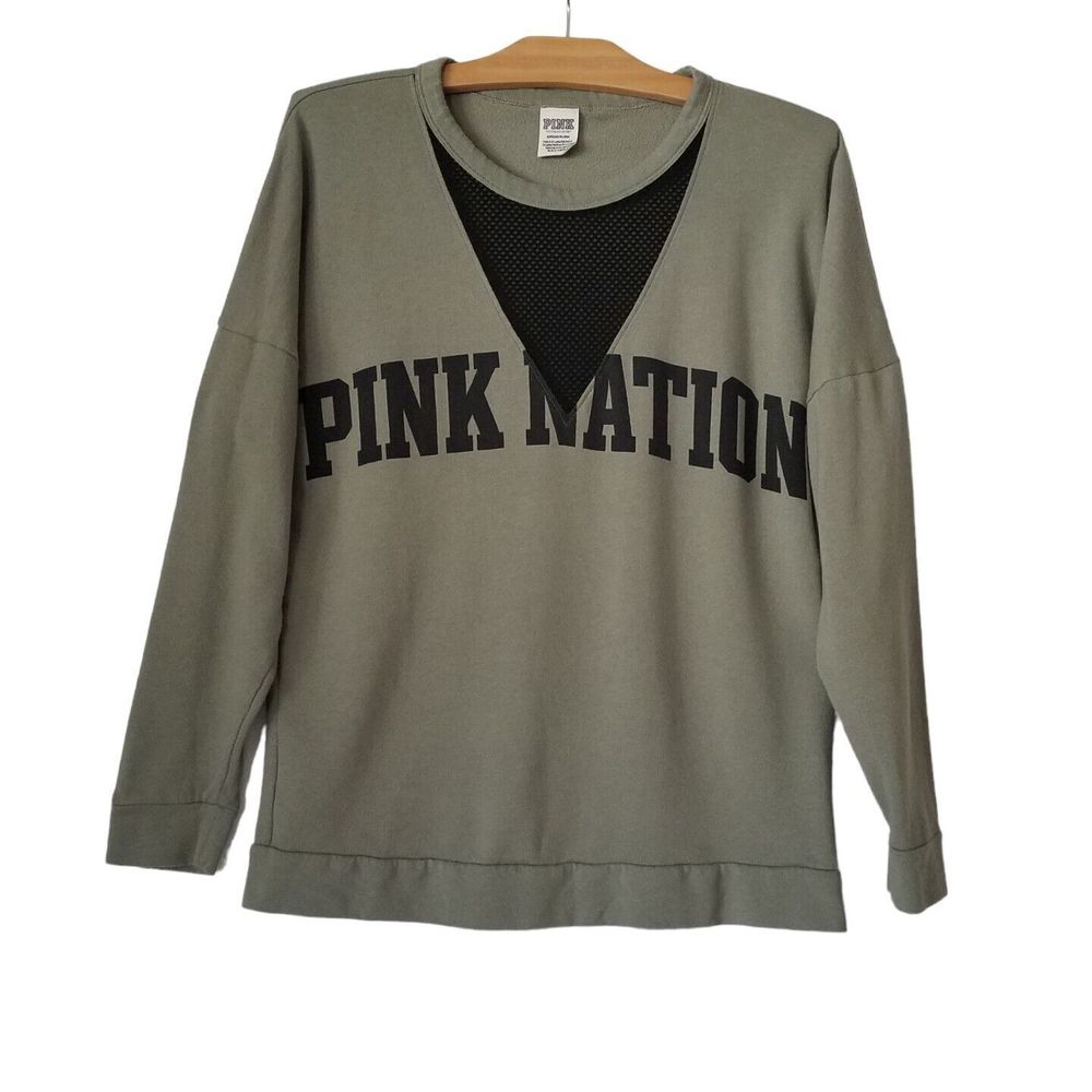 PINK Nation Victoria Secret Womens S Pullover Sweatshirt Mesh Panel Olive Green